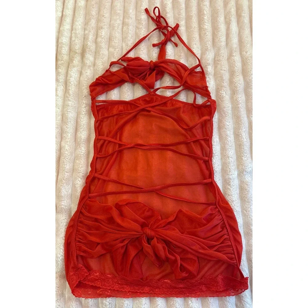 Womens‎ Red Sheer Mesh Open Bust Halter Babydoll Lingerie Dress, Size Medium